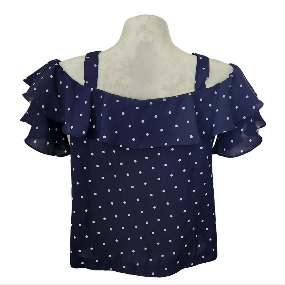J.Crew Cold Shoulder Ruffle Blouse Navy White Polka Dot Silk Feel Top Size 10 - Picture 5 of 8